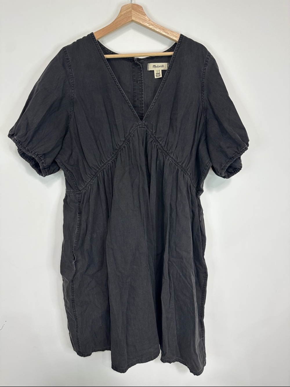 Madewell Washed Black V-Neck Puff Sleeve Dress